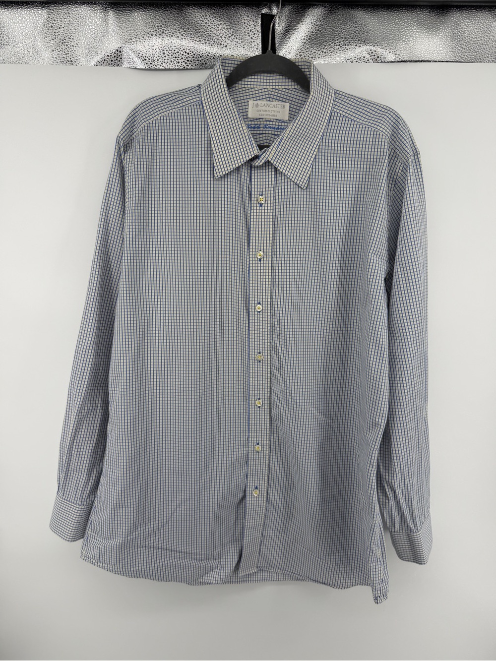 Lancaster Custom Clothiers Blue Tan Gingham Dress‎ Shirt SzXL